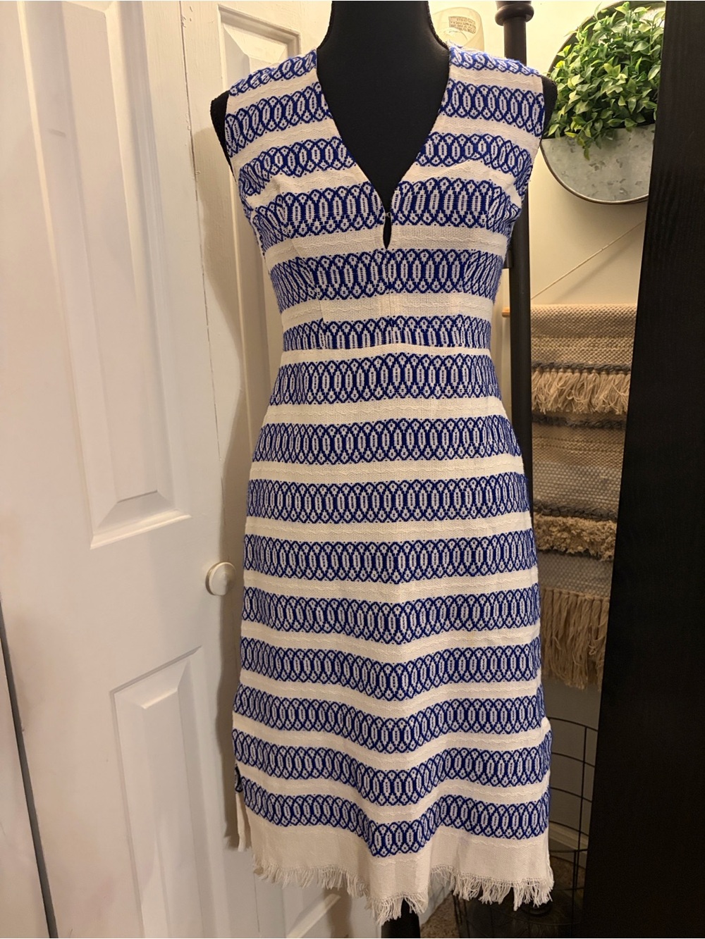 Jaline Resort Wear Handwoven Sleeveless Midi Dress with Blue Geometric Stripes